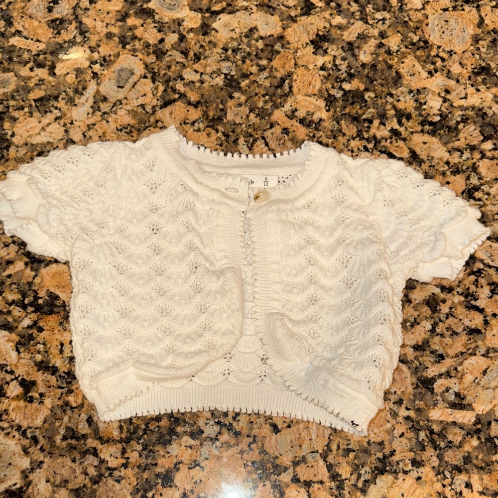 Oh Baby! Shell stitch Juliet pointelle short sleeve cardigan cream -6/12 m
